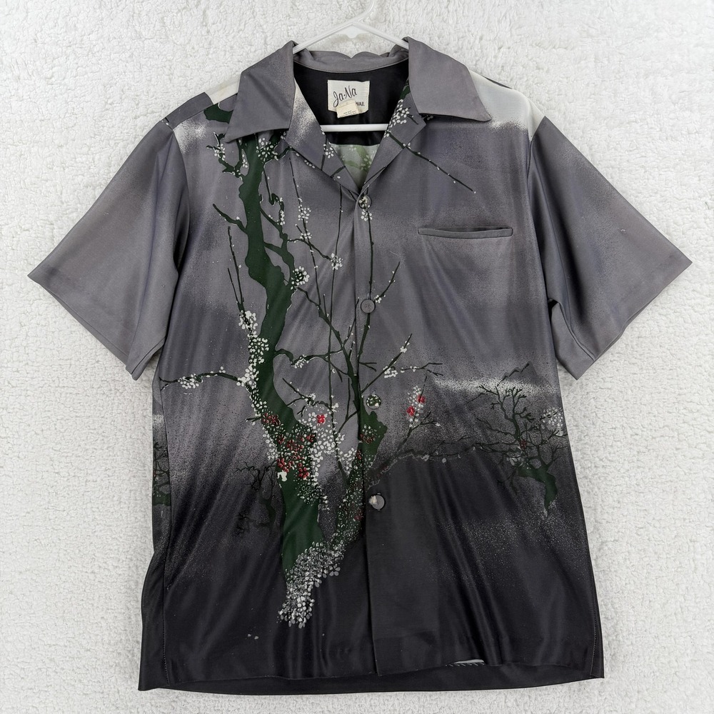 Vintage Ja Na Of Hawaii Shirt Mens Medium Gray Hawaiian Aloha Button Front Japan